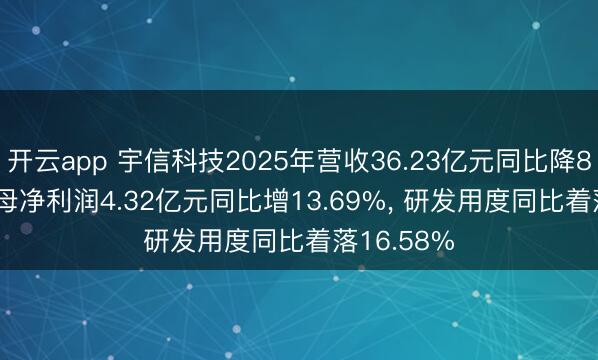 开云app 宇信科技2025年营收36.23亿元同比降8.46%， 归母净利润4.32亿元同比增13.69%， 研发用度同比着落16.58%